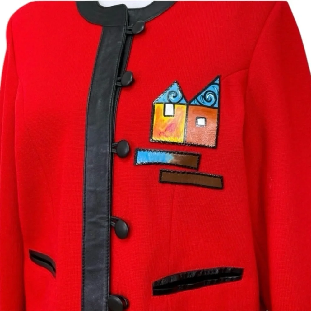 Pikamo Vintage 90s Statement Jacket Art To Wear Leather Trim Wool Blend Red XL - Picture 4 of 8